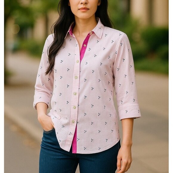 Chicos 3 Top No Iron Linen Shirt Pink Striped Hummingbird Button Up XL - Picture 1 of 7